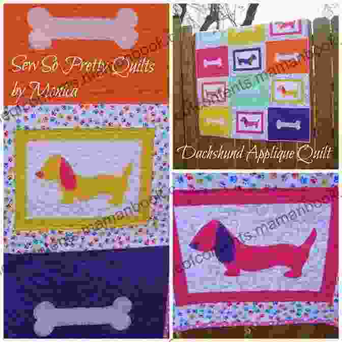 A Vibrant Appliqué Quilt Block Depicting A Playful Dachshund On A Verdant Lawn Amidst Blooming Flowers. Fresh Picked Posies: 12 Quilt Blocks To Applique From Piece O Cake Designs (Pattern Pack)